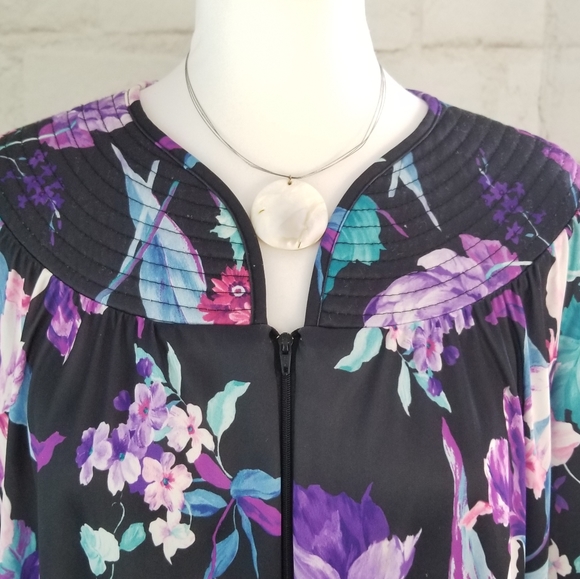 Vintage M/L Black Floral 3/4 Sleeve Maxi Muumuu House Dress 1/2 Zip Pullover - Picture 3 of 8